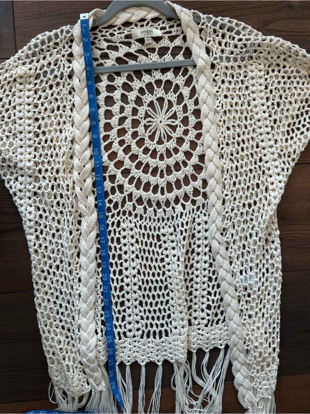 Umgee Cream Crochet Open Knit Fringe Boho Kimono Cardigan Size M - Picture 6 of 8
